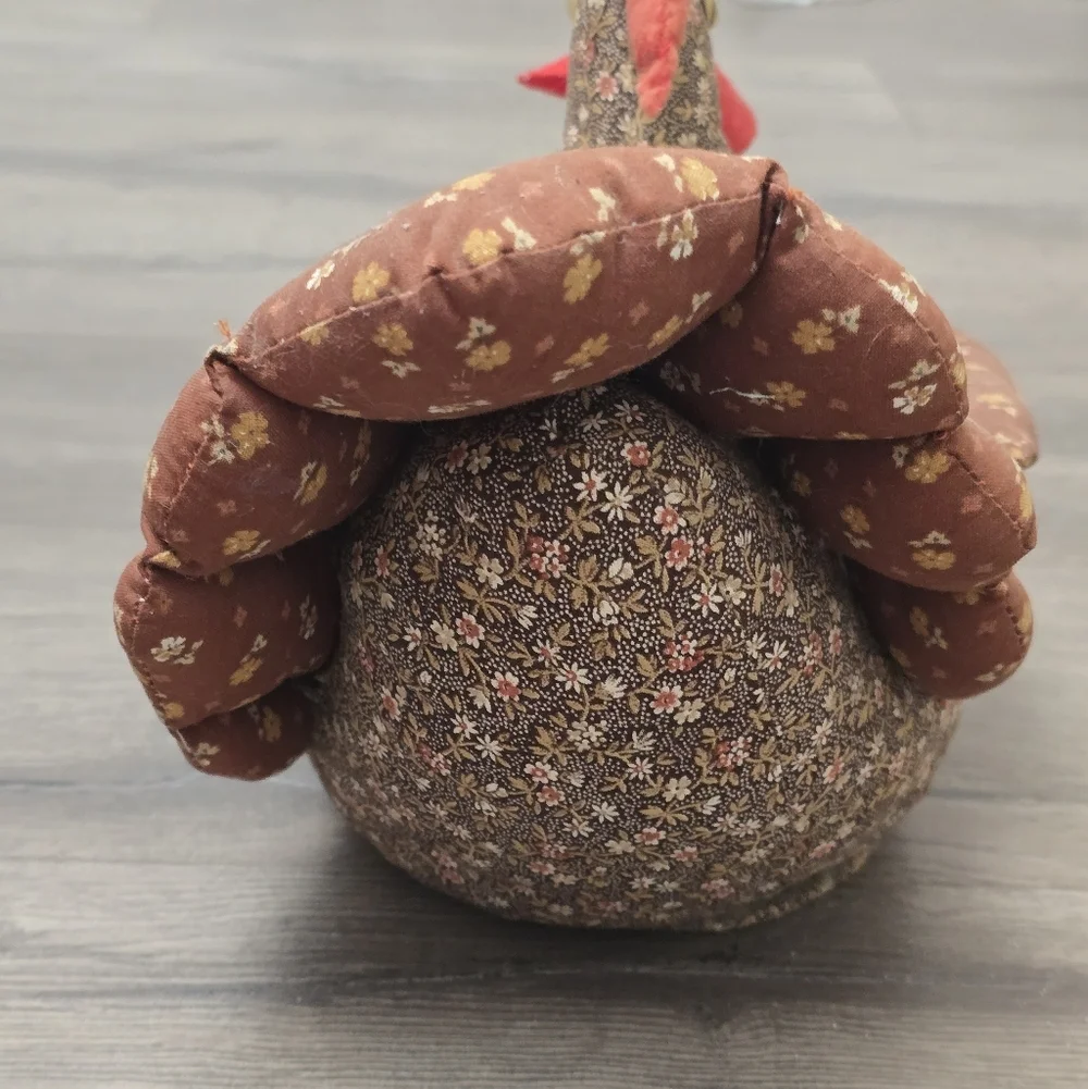 Handmade 1970s Vintage Chicken Quilted Brown Small Floral Prints Decor Farmhouse